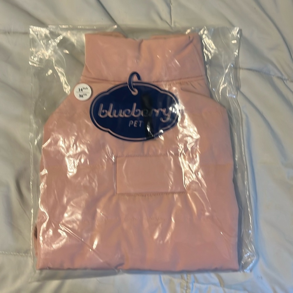 Blueberry pet dog puffer jacket, light no pink, size 14 inch